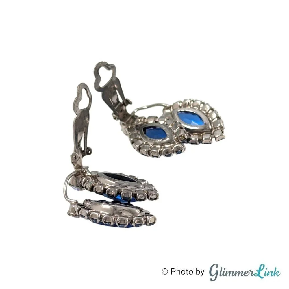 VTG Aurora Borealis Blue Rhinestone Ear Climber Silver Tone Clip On Earrings